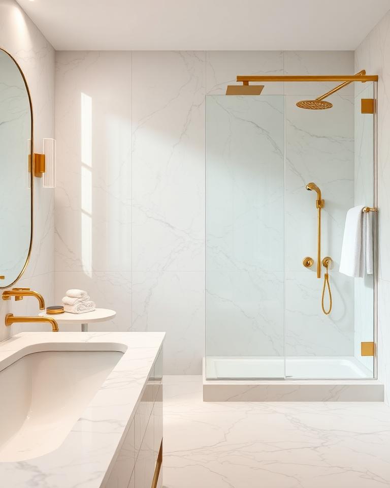 Sparkling marble bathroom with folded towels