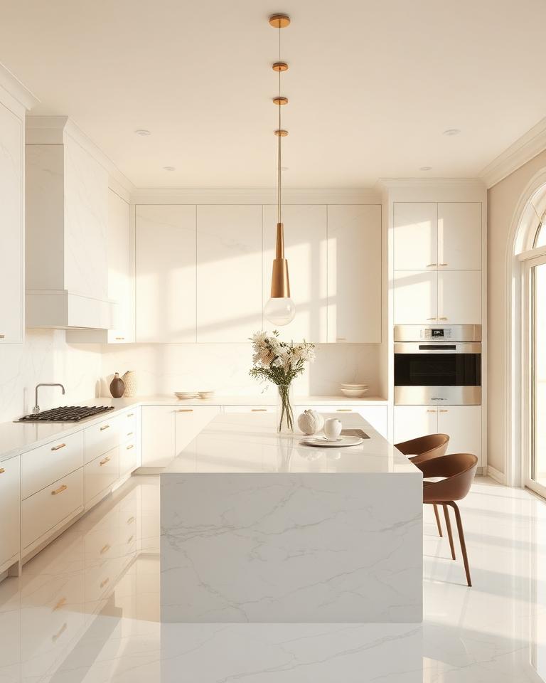 Spotless luxury kitchen with polished marble island